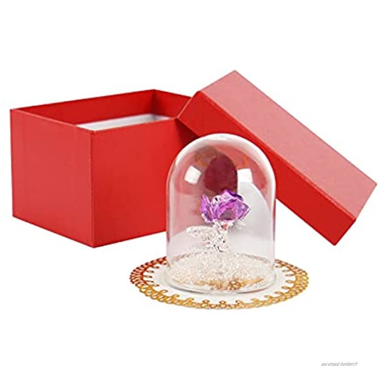 Roses en verre cristal dans un dôme en verre Ornement de rose Décoration avec boîte cadeau pour la Saint Valentin la fête des mères un anniversaire un mariage Violet