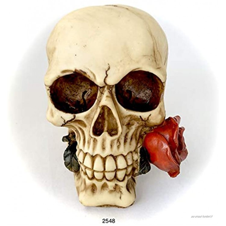 Sculpture de crâne gothique statue résine Halloween style horreur tête de mort avec rose