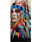 HONGC Aquarelle Femme Indienne avec Plumes Affiches Et Gravures pour Salon Décoration Murale Pop Art Fille Indienne Toile Art Peintures Murales 60x120cm 23.6x47.2 avec Cadre