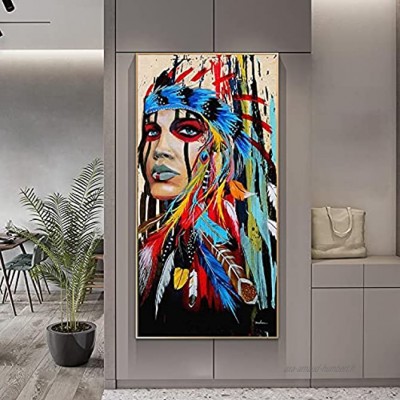 HONGC Aquarelle Femme Indienne avec Plumes Affiches Et Gravures pour Salon Décoration Murale Pop Art Fille Indienne Toile Art Peintures Murales 60x120cm 23.6"x47.2 avec Cadre