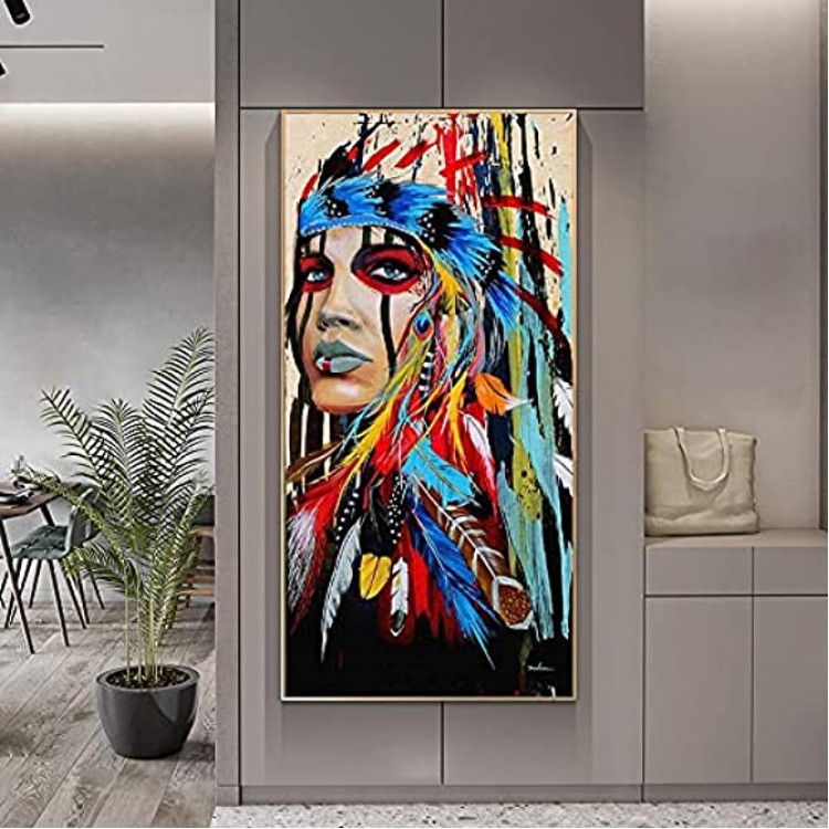 HONGC Aquarelle Femme Indienne avec Plumes Affiches Et Gravures pour Salon Décoration Murale Pop Art Fille Indienne Toile Art Peintures Murales 60x120cm 23.6x47.2 avec Cadre