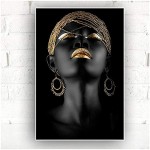 HSFFBHFBH Peintures sur Toile Style Moderne Femme Africaine doré Noir scandinave Affiche et Impression pour Salon décoration Murale Art 60x90cm 24x35 avec Cadre
