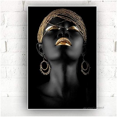 HSFFBHFBH Peintures sur Toile Style Moderne Femme Africaine doré Noir scandinave Affiche et Impression pour Salon décoration Murale Art 60x90cm 24"x35 avec Cadre