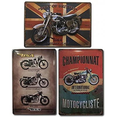 Plaques décoratives métalliques pour motos. Lot de 3 plaques vintage Décoration rétro de moto pour mur de salon bar atelier bureau Dimensions 20 x 30 cm.