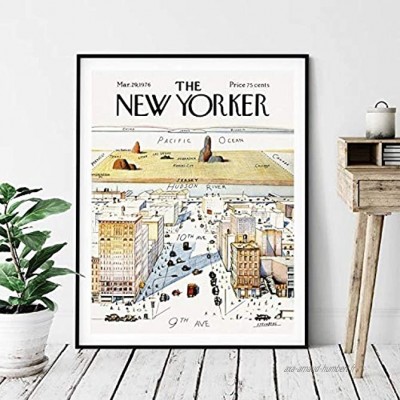 VVSUN 1960 New Yorker Magazine Couverture Affiche Vue du Monde de la 9e Avenue Carte Vintage Impression Murale Art Photo Toile Peinture décor à la Maison,50x70cm sans Cadre