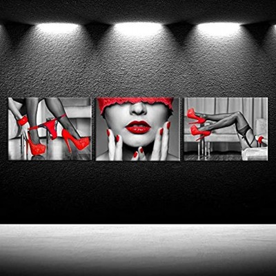 WJWGP 3 PièCes Noir Rouge sur Toile Tableau Sexy Femme LèVres Et Jambes Affiche Porno éRotique Toile Tableau Peinture Plusieurs Tailles Toile Tableau pour HôTel Chambre Decoration Tableaux éRotique