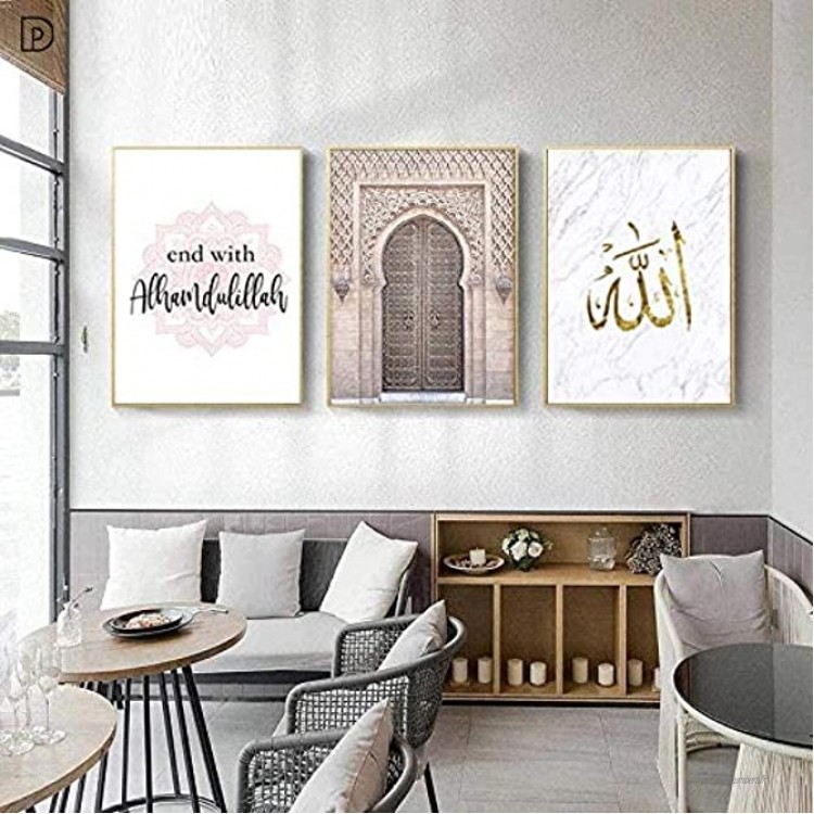 zszy Allah Islamique Mur Art Toile Affiche Marocain Arc Rose Porte Musulman Décoratif Image Peinture Moderne Mosquée Décor À La Maison-50x70 cm x 3 pcs sans Cadre