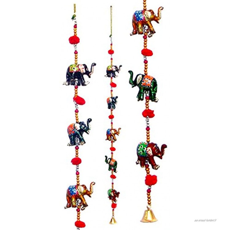 Door Hanging Decorative Five Hand Painted Elephant Stringed Together with Beads and Brass Bell Set of 2 pcs by Super India