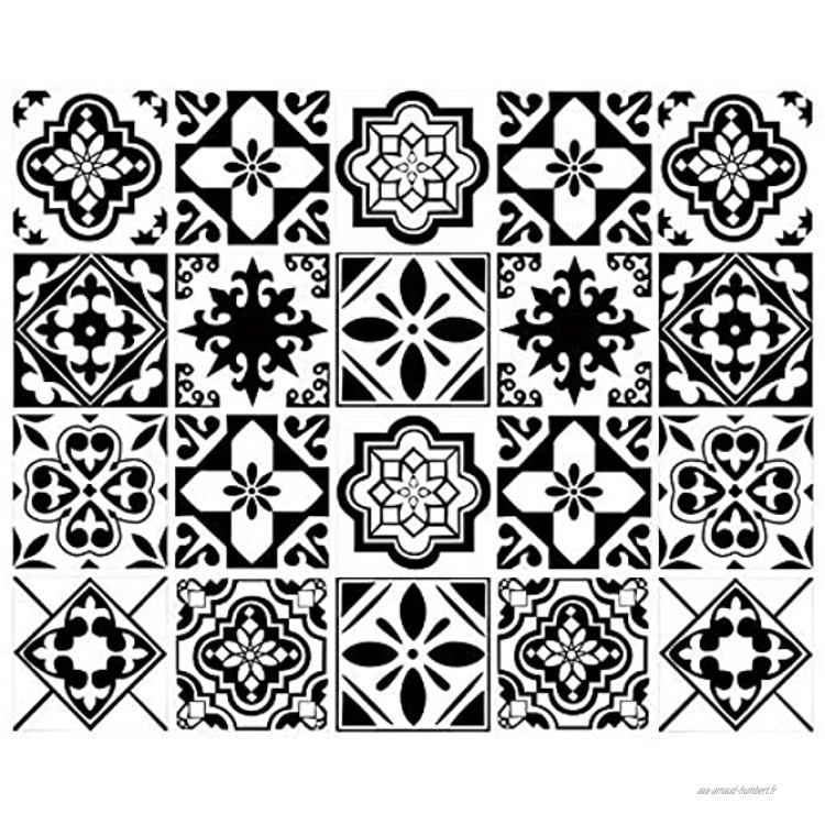decalmile 20 Pièces Stickers Carrelage 15x15cm Classique Noir et Blanc Marocain Carrelage Adhésif Mural Cuisine Salle de Bain Carreaux de Ciment Mural Décoration