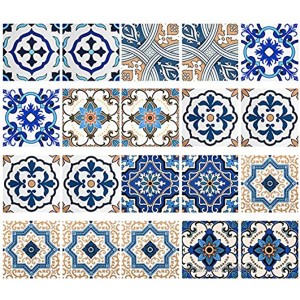 Irich 20 Pièces Autocollant de Tuile Stickers Carrelage 20x20CM Fleurs Bleues Art de Tuiles Mural pour Cuisine Salle de Bains