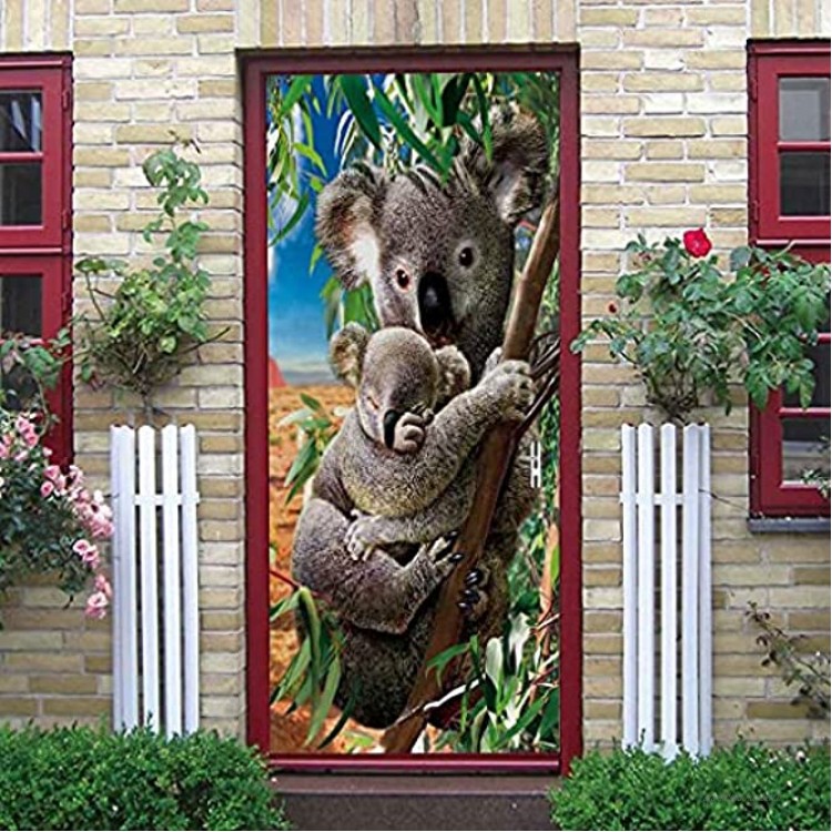 NXCNTD Sticker De Porte Trompe l'oeil Koala animal gris Intérieure Papier Peint pour Chambre Salle de Bain Cuisine Décor Porte Murale Peintures Imperméable Vinyle Autocollants 77x200cm