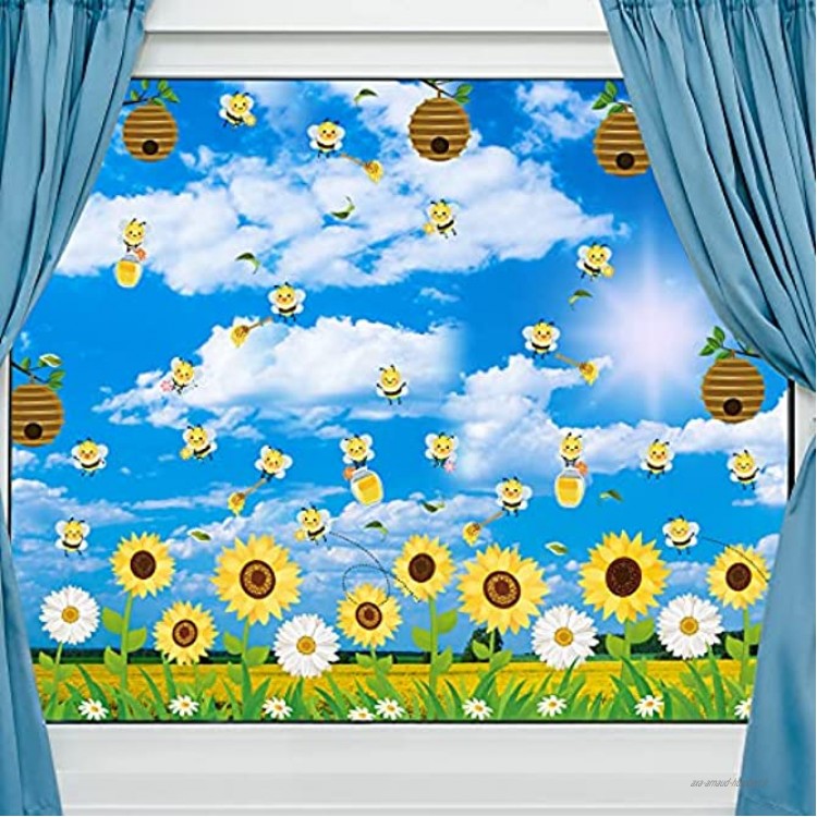9 Feuilles Clings de Fenêtre Printemps-Été Stickers de Fenêtre Bourdon Autocollants de Fenêtre de Fleur d'Abeille de Miel pour Fête du Printemps et de l'Été Autocollant Verre Anti-Collision