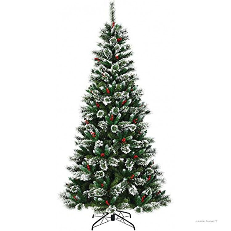 Costway Sapin de Noël Artificiel 240cm 1061 Branches avec Flocons de Neige avec Baies Rouges et Base en Métal Design Dense 100% PVC Décoration de Vacances 240 CM