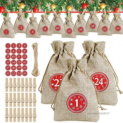 Calendrier de l'Avent à remplir soi-même Sachets en toile de jute Calendrier de l'Avent 2020 À remplir soi-même Sachets cadeaux de Noël avec 24 autocollants numérotés de l'avent