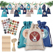 CareHabi 24 calendriers de l'Avent à remplir sacs en tissu calendrier de Noël 24 sacs en tissu 48 autocollants chiffres de l'Avent 24 pinces en bois 10 m de corde de chanvre.