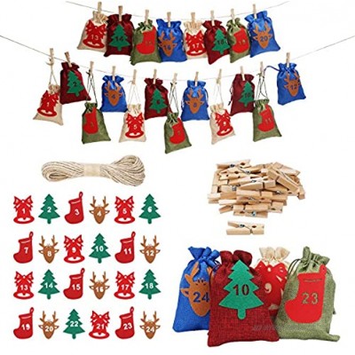 Herefun 24 Calendrier de l'Avent Sac en Jute Sachet en Tissu à remplir DIY avec Etiquettes Numéro Sac Cadeau de Noël Cadeaux Sacs à pour Noël Anniversaire Mariage A