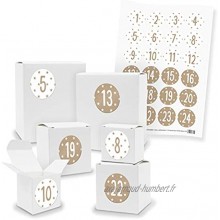 itenga Calendrier de l'Avent Kit de bricolage I 24 boîtes cadeaux cubes en carton I Blanc I étoiles autocollants avec les chiffres 1 à 24 en marron et blanc