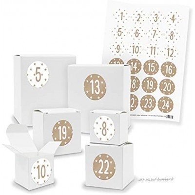 itenga Calendrier de l'Avent Kit de bricolage I 24 boîtes cadeaux cubes en carton I Blanc I étoiles autocollants avec les chiffres 1 à 24 en marron et blanc