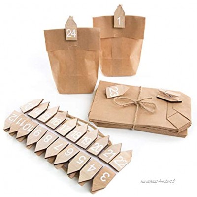 Kit pour fabriquer son propre calendrier de l'Avent avec pinces en forme de maison en bois blanc naturel 4 cm avec chiffres 1 à 24 + 25 petits sacs en papier kraft marron 9 x 15 x 3,5 cm