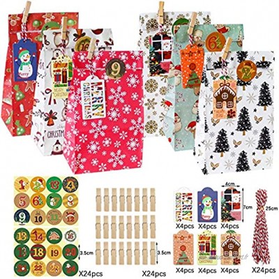 Viilich Lot de 24 sacs en papier pour calendrier de l'Avent 24 étiquettes autocollantes pour bonbons cadeaux nourriture déjeuner snacks pain popcorn bonbons fournitures de fête de Noël