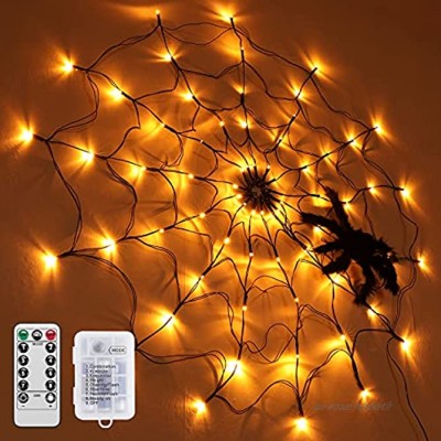 SHYOSUCCE Décorations Halloween Lumière de Toile d'araignée 1M Diamètre 70 Lumières LED Orange avec Araignée Noire Télécommande pour Fête Cour Bar Maison Hantée