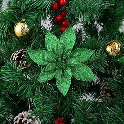 SWECOMZE Lot de 10 fleurs de Noël artificielles pour sapin de Noël Paillettes Vert herbe 15 cm
