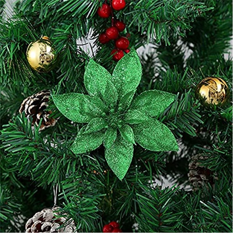 SWECOMZE Lot de 10 fleurs de Noël artificielles pour sapin de Noël Paillettes Vert herbe 15 cm