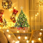 Wesimplelife Sapin de Noël Artificiel 60cm Arbre de Noël avec Décorations 50 Lumières LED Jaune Chaud 25 Boules Pommes de Pin Arbre Topper Mini Arbre de Xmas pour Les Enfants Noël Décoration