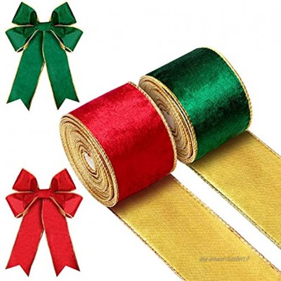 2 Rouleaux Ruban de Noël en Velours Ruban de Bord Filaire en Velours 2,5 Pouces Ruban d'Emballage de Garniture Doré Ruban de Tissu d’Artisanat Vert Rouge pour Noël 13 Yards au Total