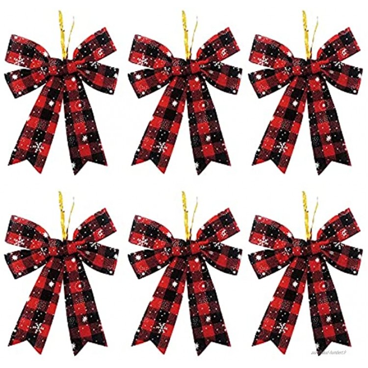 DEDEMCO Lot de 6 nœuds de Noël en tissu écossais rouge et noir pour décoration de sapin de Noël décoration de fête nœud en treillis nœuds décoratifs pour la maison et les fêtes de Noël