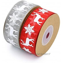 Lot de 2 Rouleaux de ruban en organza 10 m par rouleau ruban d’emballage cadeau pour décoration de Noël motifs flocon de neige renne rouge + gris 2,5 cm