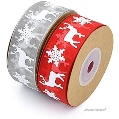 Lot de 2 Rouleaux de ruban en organza 10 m par rouleau ruban d’emballage cadeau pour décoration de Noël motifs flocon de neige renne rouge + gris 2,5 cm