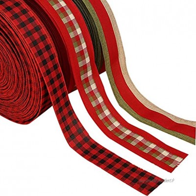 Lot de 3 rouleaux de ruban de Noël en toile de jute avec motif écossais rouge avec bord filaire pour décoration de Noël nœuds floraux