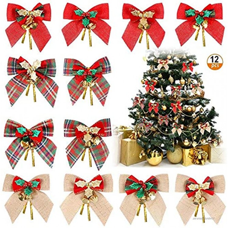 Queta Nœud Noël Décoratif 12 Pcs Arcs de Noël Ruban Noeud sont Utilisés pour l'arbre de Noël la Couronne de Noël la Décoration de Cadeau Arc de Sapin de Noël 3 Style