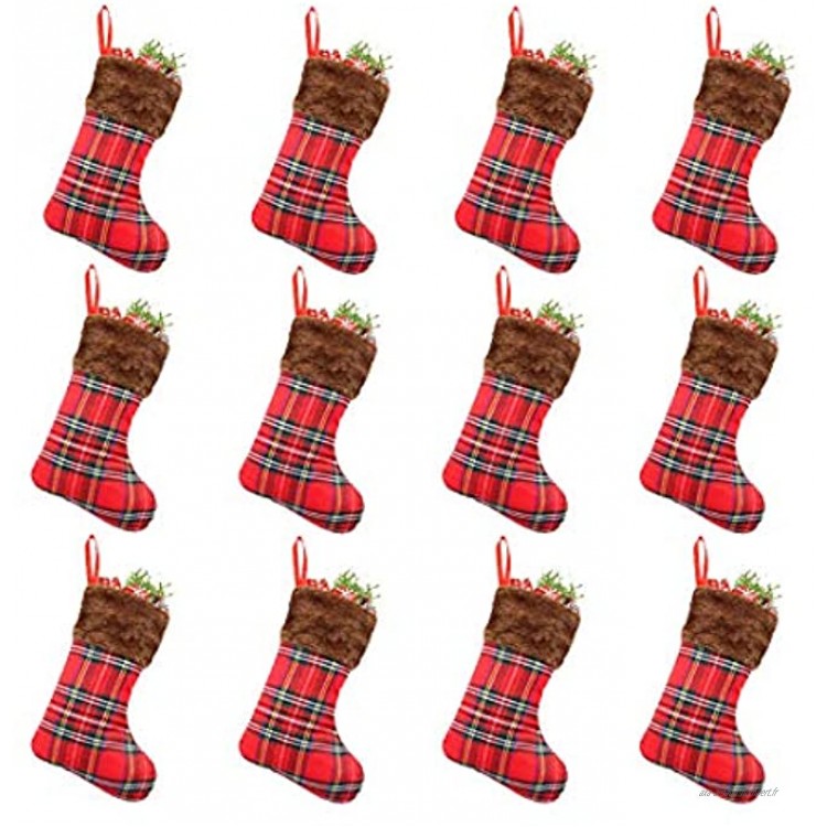 Lot de 12 petites chaussettes de Noël en peluche à carreaux 22,9 cm