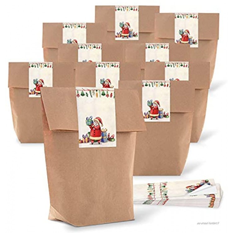 Lot de 25 petits sacs en papier de Noël marron naturel 14 x 22 x 5,6 cm + 25 autocollants Père Noël Père Noël rouge vert beige emballage cadeau emballage kraft bio de Noël vintage à remplir