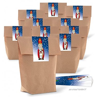 Lot de 25 petits sacs en papier marron de Noël 14 x 22 x 5,6 cm Avec autocollant bleu rouge blanc