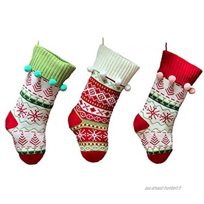 TREA2SURE 2020 Lot de 3 bas de Noël en tricot rustique avec pompons décoration à suspendre pour les vacances en famille les fêtes de Noël les fêtes de Noël les fêtes de fin d'année