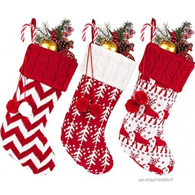 Whaline Lot de 3 bas de Noël tricotés à suspendre pour décorations de Noël et décoration de saison de vacances en famille blanc et rouge