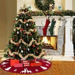 48inch Jupe de sapin de Noël en tricot de 122cm tapis de sapin de Noël en 3D avec élan rouge rustique pour décorations de Noël d'intérieur ou d'extérieur