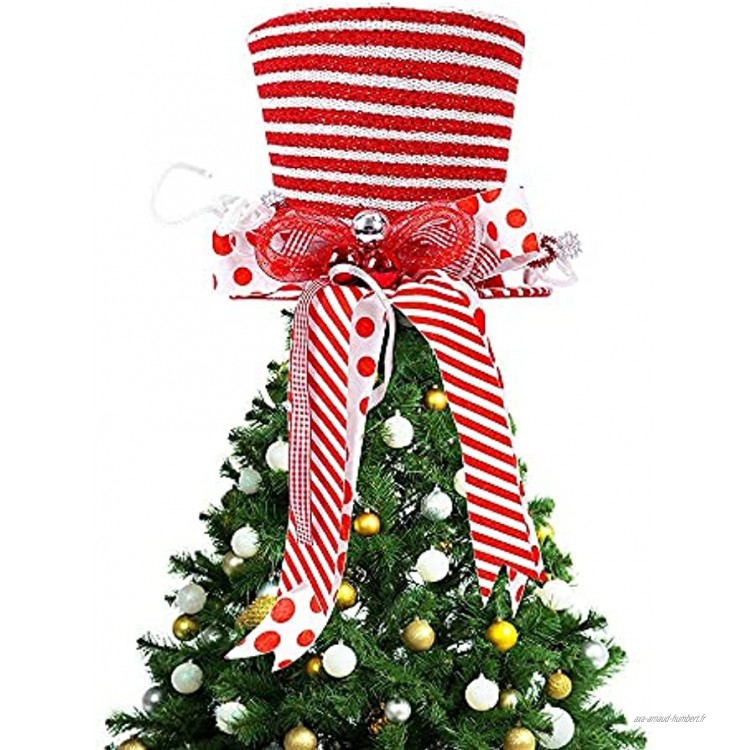 Chapeau de sapin de Noël,URMAGIC chapeau haut de forme à carreaux noir et blanc pliable chapeau de sapin de Noël à rayures rouges avec nœud ruban et baies décoration de Noël
