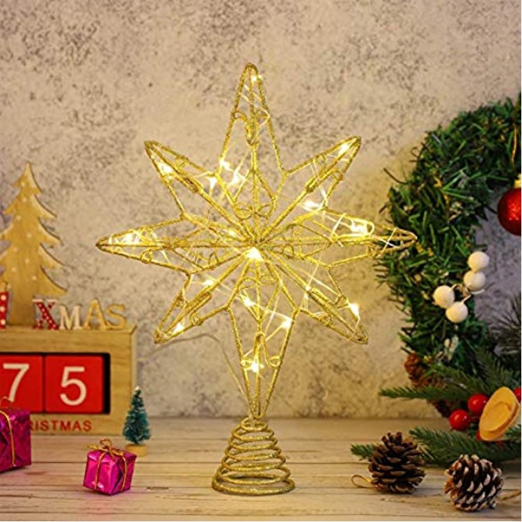 OSALADI Cimier de sapin de Noël illuminé en forme d'étoile à huit branches avec guirlande lumineuse en fil de fer pour sapin de Noël décoration d'intérieur doré