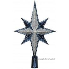 Pointe de sapin de Noël en plastique 25 cm Étoile avec paillettes Bleu nuit et argent