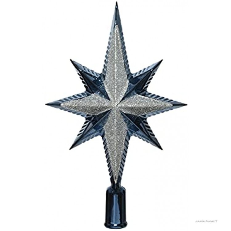 Pointe de sapin de Noël en plastique 25 cm Étoile avec paillettes Bleu nuit et argent