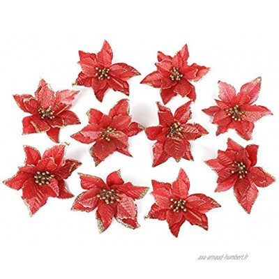 Takefuns Lot de 20 décorations de Noël à suspendre Poinsettia Fleurs artificielles à paillettes Pour sapin de Noël Red 20 PCS