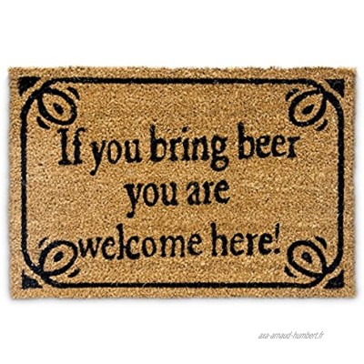 Relaxdays 10019010 Paillasson en fibres de coco inscription anglais "si tu amènes une bière tu es bienvenu" tapis de sol Lxl: 60 x 40 cm natte entrée essuie-pieds tapis de plancher antidérapant PVC Marron