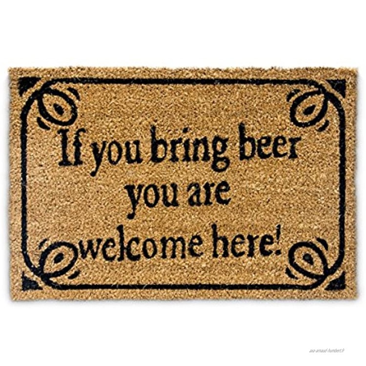 Relaxdays 10019010 Paillasson en fibres de coco inscription anglais si tu amènes une bière tu es bienvenu tapis de sol Lxl: 60 x 40 cm natte entrée essuie-pieds tapis de plancher antidérapant PVC Marron