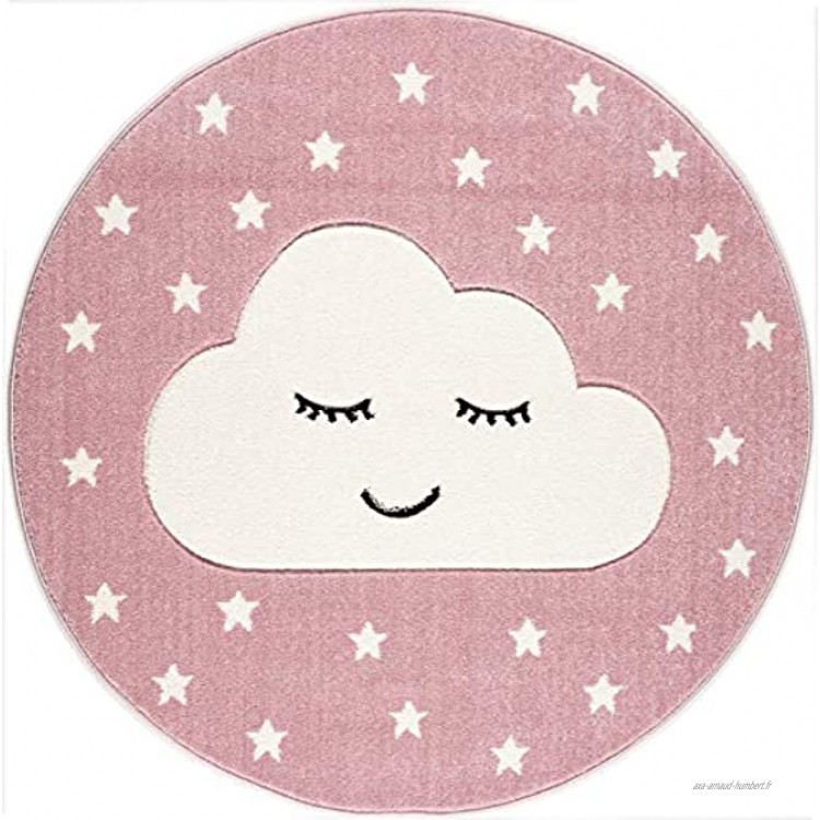 Tapis Livone pour chambre d'enfant et bébé Motif nuage et étoiles Rose blanc 100 % fil peigne en polypropylène. Rose 133 cm rund