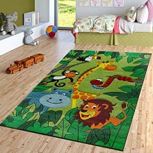 Tapis pour Enfant Chambre d'enfant Jungle Animaux Girafe Lion Singe Hippopotame Vert Dimension:140x200 cm