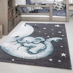 Tapis pour enfant motif éléphant étoiles pour chambre d’enfant chambre de bébé salle de jeux tapis rectangulaire rond gris bleu blanc bleu 80 x 150 cm